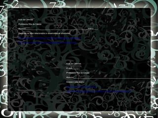 Aula de Ciências

Professora Rita de Cássia

Aluno(a)_________________________________________________________8 Ano____

Pesquise os sites relacionados e desenvolva as atividades

http://www.aticaeducacional.com.br/htdocs/atividades/sist_dig/atv2.htm

http://www.ocorpohumano.com.br/img/jdf/open.htm?digestorio.swf




                                                     Aula de Ciências

                                                     9º Ano_______

                                                     Professora Rita de Cássia

                                                     Aluno(a)______________________________________________________________________

                                                     Acesse o site abaixo

                                                     http://www.cdcc.usp.br/elementos/

                                                     http://www.agracadaquimica.com.br/index.php?&ds=1&acao=simula&i=15
 