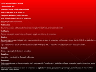 Escola Municipal Nazira Anache

Campo Grande M.S.

Professora:Shirlei Aparecida Marangona

Série: 7º e 8º anos nº de alunos 60

Disciplina: Matemática turno: matutino

Pcte: Delziene da Silva de Jesus Perdoncini

Tema:Projeto sobre Hanseníase

Problemática

O aumento de casos notificados de hanseníase na região Centro-Oeste, sintomas e tratamentos

Justificativa

Elaborei esse projeto para orientar os alunos em relação aos sintomas da hanseníase

Objetivo

Que o aluno promova a divulgação sobre o aumento do número de casos de hanseníase notificados em Campo Grande- M.S.. E na região Centro-
Oeste;Os sintomas

e que o tratamento é gratuito e realizado no hospital São Julião (C.G-M.S.) e preencher uma tabela com esses dados pesquisados.

Conteúdo

Coleta e organização de dados em uma tabela

Disciplinas

Matemática – interdisciplinar=Geografia e Ciências

Metodologia

O aluno deverá coletar os dados notificados dos 3 estados e do D.F. que formam a região Centro-Oeste, em seguida organizá-los em uma tabela.
Compartilhar e

debater os dados ( números de casos de hanseníase na região Centro-Oeste), para posterior apresentação, com cartazes e até mesmo folders
explicativos e jornal escolar.
 
