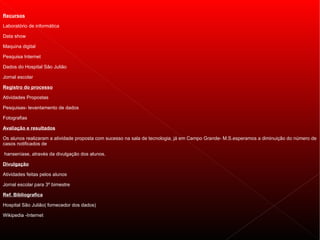 Recursos

Laboratório de informática

Data show

Maquina digital

Pesquisa Internet

Dados do Hospital São Julião

Jornal escolar

Registro do processo

Atividades Propostas

Pesquisas- levantamento de dados

Fotografias

Avaliação e resultados

Os alunos realizaram a atividade proposta com sucesso na sala de tecnologia, já em Campo Grande- M.S.esperamos a diminuição do número de
casos notificados de

hanseníase, através da divulgação dos alunos.

Divulgação

Atividades feitas pelos alunos

Jornal escolar para 3º bimestre

Ref. Bibliografica

Hospital São Julião( fornecedor dos dados)

Wikipedia -Internet
 