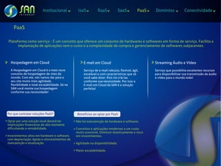 Institucional          IaaS          RaaS             SaaS          PaaS   Domínios             Conectividade



    PaaS

Plataforma como serviço - É um conceito que oferece um conjunto de hardwares e softwares em forma de serviço. Facilita a
      implantação de aplicações sem o custo e a complexidade de compra e gerenciamento de softwares subjacentes.



  Hospedagem em Cloud                                E-mail em Cloud                                 Streaming Áudio e Vídeo
  A Hospedagem em Cloud é o mais novo                Serviço de e-mail robusto, flexível, ágil,      Serviço que possibilita excelentes recursos
  conceito de hospedagem de sites do                 escalável e com características que só          para disponibilizar sua transmissão de áudio
  mundo. Com ele, nós vamos dar para o               você sabe dizer. Pois irá criá-las              e vídeo para o mundo todo!
  seu site muito mais agilidade,                     conforme sua necessidade. Por isso o
  flexibilidade e total escalabilidade. Só na        E-mail em Cloud da SAN é a solução
  SAN você monta sua hospedagem                      perfeita!
  conforme sua necessidade!




Por que contratar soluções PaaS?                 Benefícios ao optar por PaaS

Optar por uma solução local deverá ter          Não há manutenção de hardware e software.
implicações financeiras de alto montante
dificultando a rentabilidade.                   Conceitos e aplicações modernas a um custo
                                                muito acessível. Diminuir drasticamente o risco
Investimentos altos em hardware e software,     em investimentos.
com depreciação rápida e reinvestimentos de
manutenção e atualização.                       Agilidade na disponibilidade.

                                                Maior escalabilidade.
 
