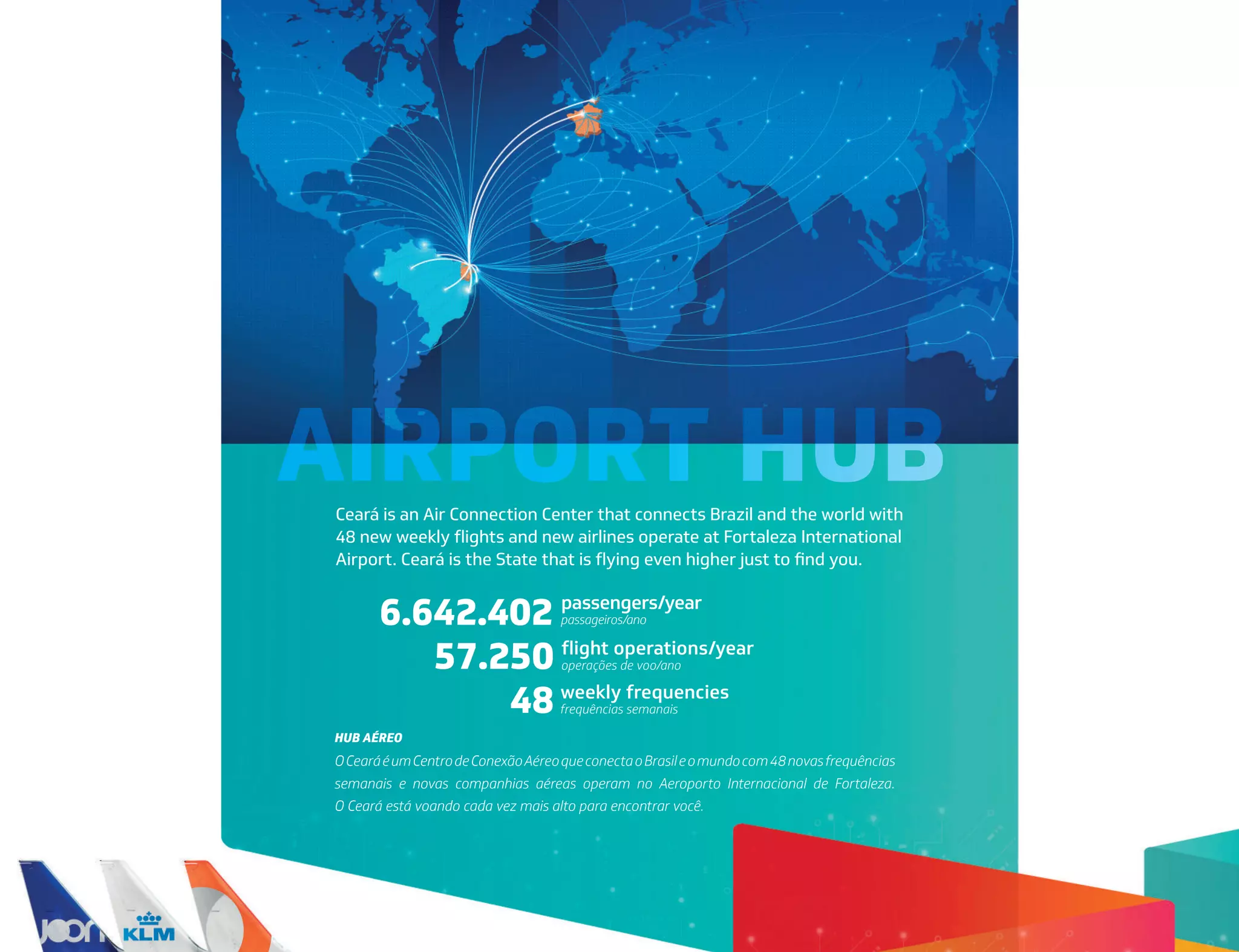 AIRPORT HUB
Ceará is an Air Connection Center that connects Brazil and the world with
48 new weekly ﬂights and new airlines operate at Fortaleza International
Airport. Ceará is the State that is ﬂying even higher just to find you.
weekly frequencies
frequências semanais
passengers/year
passageiros/ano
ﬂight operations/year
operações de voo/ano
6.642.402
57.250
48
OCearáéumCentrodeConexãoAéreoqueconectaoBrasileomundocom48novasfrequências
semanais e novas companhias aéreas operam no Aeroporto Internacional de Fortaleza.
O Ceará está voando cada vez mais alto para encontrar você.
HUB AÉREO
 