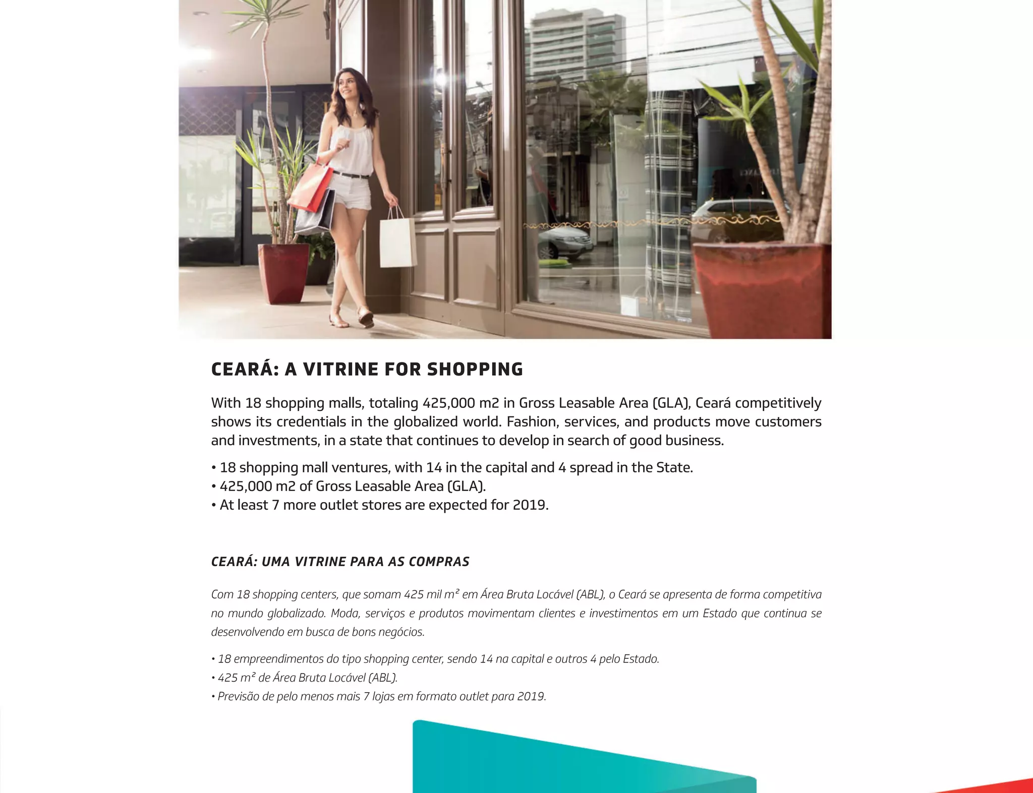 CEARÁ: A VITRINE FOR SHOPPING
With 18 shopping malls, totaling 425,000 m2 in Gross Leasable Area (GLA), Ceará competitively
shows its credentials in the globalized world. Fashion, services, and products move customers
and investments, in a state that continues to develop in search of good business.
• 18 shopping mall ventures, with 14 in the capital and 4 spread in the State.
• 425,000 m2 of Gross Leasable Area (GLA).
• At least 7 more outlet stores are expected for 2019.
CEARÁ: UMA VITRINE PARA AS COMPRAS
Com 18 shopping centers, que somam 425 mil m2 em Área Bruta Locável (ABL), o Ceará se apresenta de forma competitiva
no mundo globalizado. Moda, serviços e produtos movimentam clientes e investimentos em um Estado que continua se
desenvolvendo em busca de bons negócios.
• 18 empreendimentos do tipo shopping center, sendo 14 na capital e outros 4 pelo Estado.
• 425 m2 de Área Bruta Locável (ABL).
• Previsão de pelo menos mais 7 lojas em formato outlet para 2019.
 