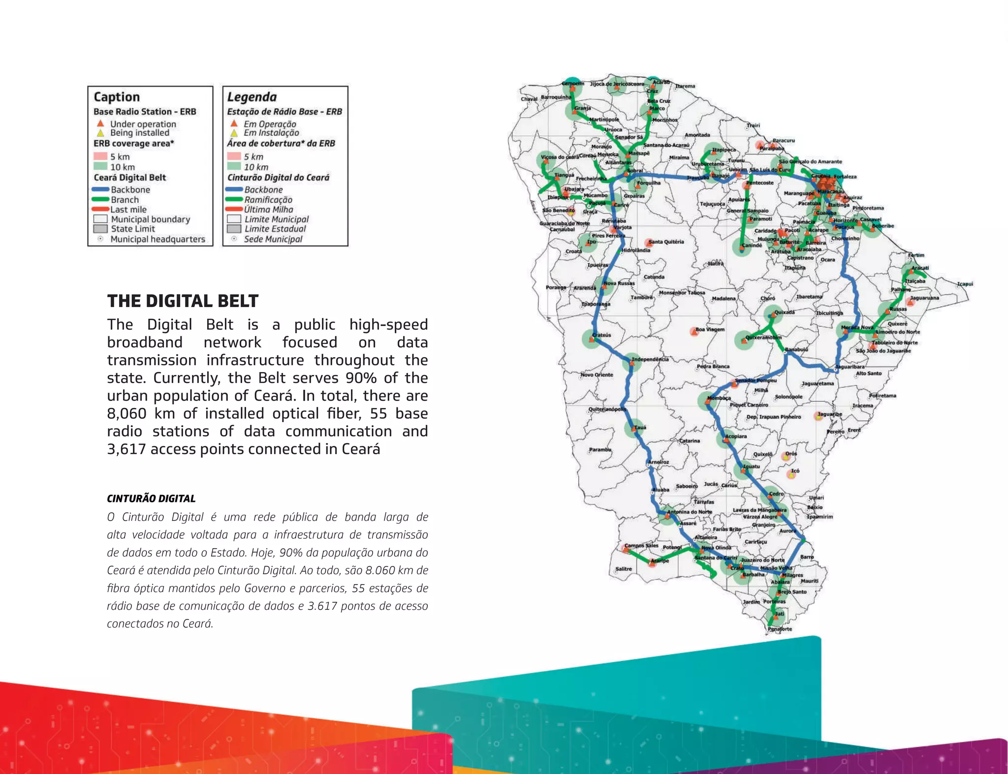 The Digital Belt is a public high-speed
broadband network focused on data
transmission infrastructure throughout the
state. Currently, the Belt serves 90% of the
urban population of Ceará. In total, there are
8,060 km of installed optical fiber, 55 base
radio stations of data communication and
3,617 access points connected in Ceará
O Cinturão Digital é uma rede pública de banda larga de
alta velocidade voltada para a infraestrutura de transmissão
de dados em todo o Estado. Hoje, 90% da população urbana do
Ceará é atendida pelo Cinturão Digital. Ao todo, são 8.060 km de
fibra óptica mantidos pelo Governo e parcerios, 55 estações de
rádio base de comunicação de dados e 3.617 pontos de acesso
conectados no Ceará.
THE DIGITAL BELT
CINTURÃO DIGITAL
 