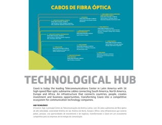 TECHNOLOGICAL HUB
Ceará is today the leading Telecommunications Center in Latin America with 16
high-speed fiber optic submarine cables connecting South America, North America,
Europe and Africa. An infrastructure that connects countries, people, creates
investment and business opportunities, transforming Ceará into a competitive
ecosystem for communication technology companies.
O Ceará é, hoje, o principal Centro de Telecomunicações da América Latina, com 16 cabos submarinos de fibra óptica
de alta velocidade, conectando América do Sul, América do Norte, Europa e África. Uma infraestrutura que conecta
países, pessoas, cria oportunidades de investimento e de negócios, transformando o Ceará em um ecossistema
competitivo para as empresas de tecnologia de comunicação.
HUB TECNOLÓGICO
CABOS DE FIBRA ÓPTICA
1 – CABO BRUSA
Desde 2018 | Extensão: 11.000 km
Liga Fortaleza aos Estados Unidos
da América.
2 – CABO SOUTH AMERICA-1 (SAM-1)
Desde 2001 | Extensão: 25.000 km
Liga Fortaleza a: Chile, Colômbia, Argentina,
Peru, Guatemala, República Dominicana e EUA.
1 – CABO AMERICAS-2
Desde 2000 | Extensão: 8.373 km
Liga Fortaleza a: Venezuela, Guiana Francesa,
Martinica, Trinidade e Tobago, EUA e Antilhas
Holandesas.
2 – CABO SOUTH AMERICA CROSSING (SAC)
Desde 2000 | Extensão: 20.000 km
Liga Fortaleza a: Colômbia, Panamá, Argentina,
Peru, Venezuela, Chile e EUA.
2 – CABO ELLALINK
Desde 2020 | Extensão: 6.200 km
Ligará Fortaleza a: Portugal, Cabo
Verde e Guiana Francesa.
1 – CABO MONET
Desde 2017 | Extensão: 10.556 km
Liga Fortaleza aos Estados Unidos
da América.
2 – CABO GLOBENET
Desde 2000 | Extensão: 23.500 km
Liga Fortaleza a: Colômbia, Venezuela,
Ilhas Bermudas e EUA.
1 – CABO SOUTH ATLANTIC
INTER LINK (SAIL)
Desde 2018 | Extensão: 5.900 km
Liga Fortaleza a Camarões.
1 – CABO SOUTH ATLANTIC
CABLE SYSTEM (SACS)
Desde 2018 | Extensão: 6.165 km
Liga Fortaleza a Angola.
1 – CABO AMERICA MOVIL SUBMARINE -
CABLE SYSTEÅM-1 (AMX-1)
Desde 2014 | Extensão: 17.800 km
Liga Fortaleza a: Colômbia, México,
Guatemala, República Dominicana e EUA.
2 – CABO ATLANTIS-2
Desde 2000 | Extensão: 8.500 km
Liga Fortaleza a: Portugal, Espanha,
Senegal, Cabo Verde e Argentina.
CABOS DE FIBRA ÓPTICA
1 – CABO BRUSA
Desde 2018 | Extensão: 11.000 km
Liga Fortaleza aos Estados Unidos
da América.
2 – CABO SOUTH AMERICA-1 (SAM-1)
Desde 2001 | Extensão: 25.000 km
Liga Fortaleza a: Chile, Colômbia, Argentina,
Peru, Guatemala, República Dominicana e EUA.
1 – CABO AMERICAS-2
Desde 2000 | Extensão: 8.373 km
Liga Fortaleza a: Venezuela, Guiana Francesa,
Martinica, Trinidade e Tobago, EUA e Antilhas
Holandesas.
2 – CABO SOUTH AMERICA CROSSING (SAC)
Desde 2000 | Extensão: 20.000 km
Liga Fortaleza a: Colômbia, Panamá, Argentina,
Peru, Venezuela, Chile e EUA.
2 – CABO ELLALINK
Desde 2020 | Extensão: 6.200 km
Ligará Fortaleza a: Portugal, Cabo
Verde e Guiana Francesa.
1 – CABO MONET
Desde 2017 | Extensão: 10.556 km
Liga Fortaleza aos Estados Unidos
da América.
2 – CABO GLOBENET
Desde 2000 | Extensão: 23.500 km
Liga Fortaleza a: Colômbia, Venezuela,
Ilhas Bermudas e EUA.
1 – CABO SOUTH ATLANTIC
INTER LINK (SAIL)
Desde 2018 | Extensão: 5.900 km
Liga Fortaleza a Camarões.
1 – CABO SOUTH ATLANTIC
CABLE SYSTEM (SACS)
Desde 2018 | Extensão: 6.165 km
Liga Fortaleza a Angola.
1 – CABO AMERICA MOVIL SUBMARINE -
CABLE SYSTEÅM-1 (AMX-1)
Desde 2014 | Extensão: 17.800 km
Liga Fortaleza a: Colômbia, México,
Guatemala, República Dominicana e EUA.
2 – CABO ATLANTIS-2
Desde 2000 | Extensão: 8.500 km
Liga Fortaleza a: Portugal, Espanha,
Senegal, Cabo Verde e Argentina.
 