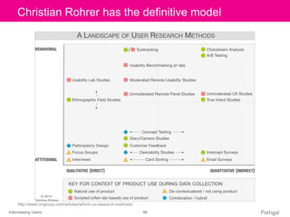 Interviewing Users 46
Click to edit Master title styleChristian Rohrer has the definitive model
http://www.nngroup.com/articles/which-ux-research-methods/
 