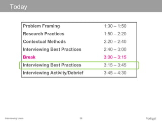 Interviewing Users 58
Click to edit Master title style
Problem Framing 1:30 – 1:50
Research Practices 1:50 – 2:20
Contextual Methods 2:20 – 2:40
Interviewing Best Practices 2:40 – 3:00
Break 3:00 – 3:15
Interviewing Best Practices 3:15 – 3:45
Interviewing Activity/Debrief 3:45 – 4:30
Today
 