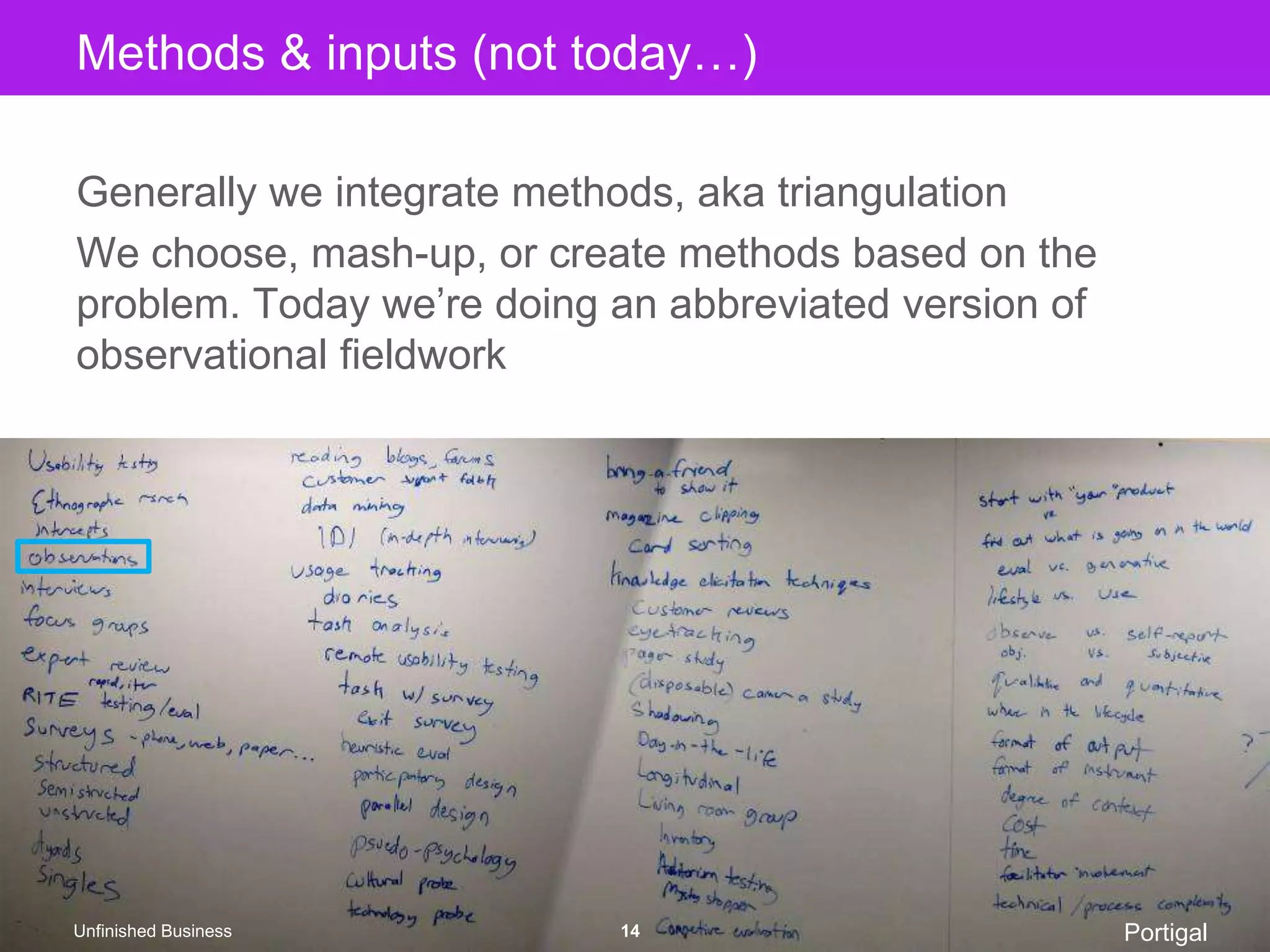 Methods & inputs (not today…)Generally we integrate methods, aka triangulationWe choose, mash-up, or create methods based on the problem. Today we’re doing an abbreviated version of observational fieldworkPortigalUnfinished Business14