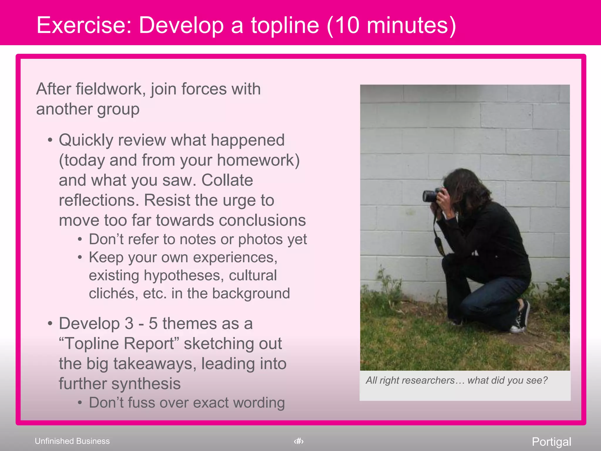 If you can’t get transcripts, watch video (even sped-up) and in near real-time jot down the rough narrative of the sessionWhen you make an observation in your own voice, do something typographic to call it out (ALL CAPS, highlight, etc.)Individual analysis (not today…)