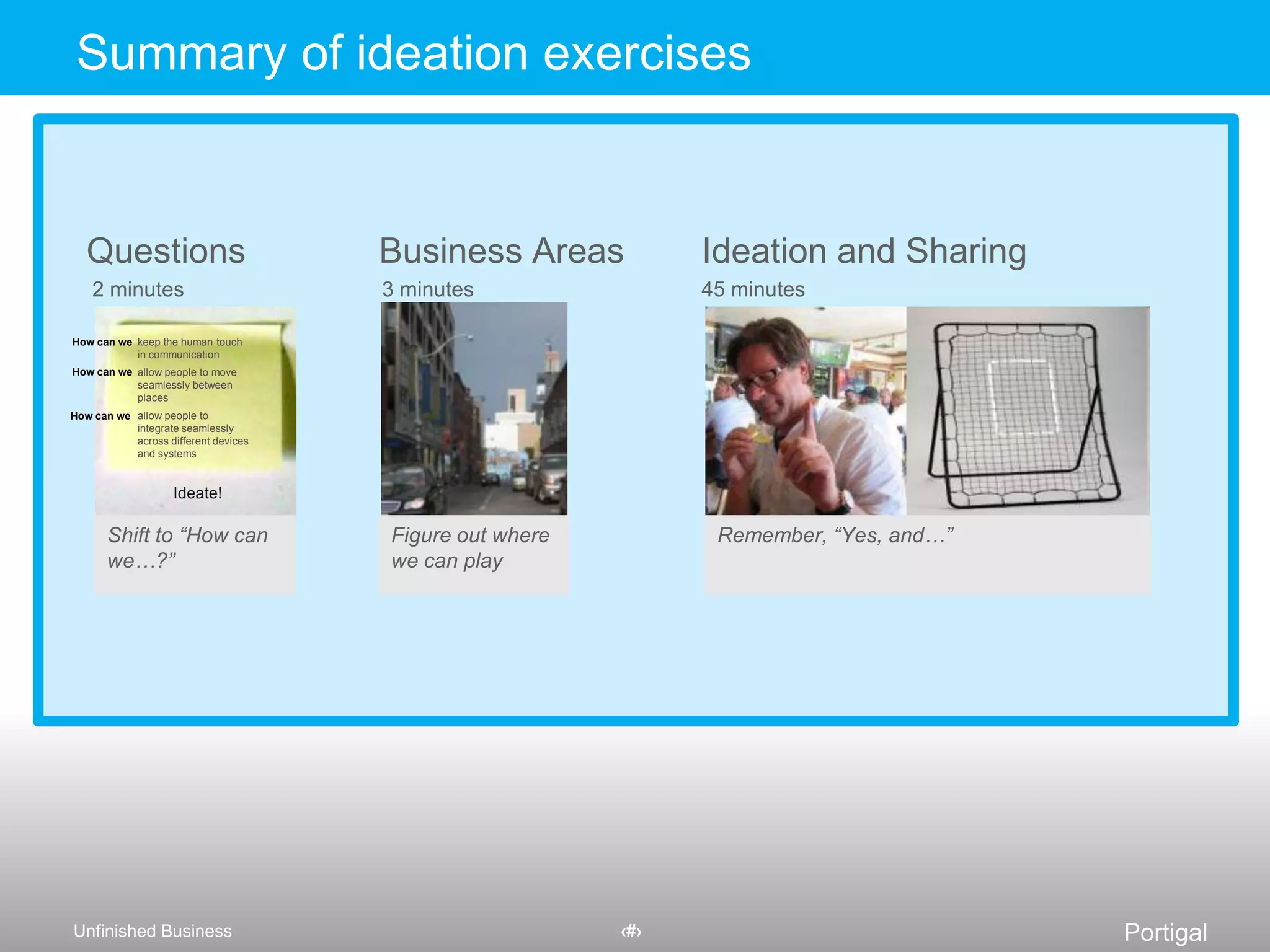 Strategies can inspire solutionsFinding:Students have to smoke outside, but they get cold and wet Opportunity: Improve the experience of students who smokeIdeation Question:How can we improve the experience of students who smoke?StrategiesCreate a protected environment for smokingEliminate smokingSolutionsFacilitiesBuild a pavilionAdminAllocate interior roomPartnersAlign with nearby cafeOnlineSmoking cessation gamesAdminBan smokingPartnersStop smoking coaches