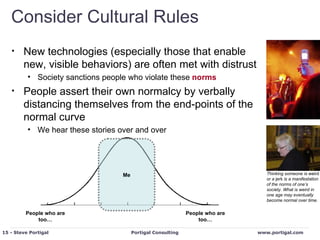 Consider Cultural Rules <ul><li>New technologies (especially those that enable new, visible behaviors) are often met with ...