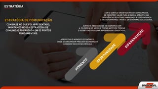 M
OM
EN
TO
COM BASE NO QUE FOI APRESENTADO,
MONTAMOS NOSSA ESTRATÉGIA DE
COMUNICAÇÃO PAUTADA EM 03 PONTOS
FUNDAMENTAIS.
ESTRATÉGIA DE COMUNICAÇÃO
APROVEITAR O MOMENTO ECONÔMICO.
ONDE O CONSUMIDOR PRECISAR ECONOMIZAR
CUIDANDO MAIS DO SEU VEÍCULO.
JUNTAR A NECESSIDADE DE ECONOMIA COM
A FILOSOFIA DE MEDIR E TESTAR ANTES DE TROCAR
E ASSIM CONSTRUIR UMA IMAGEM PARA A DPASCHOAL.
COM O SERVIÇO ORIENTADO PARA O CONSUMIDOR,
SE CONSTROI VALOR PARA A MARCA. ATRAVÉS DAS
EXPERIÊNCIAS POSITIVAS DIMINUIMOS A DESCONFIANÇA
E TRANSFORMAMOS A MARCA EM SINÔNIMO DE CATEGORIA.
OPORTUN
UDADE
DIFEREN
CIAÇÃO
ESTRATÉGIA
 