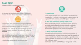 BRIEFING
Com R$ 22 bi de mercado e apenas 10% nas mãos dos 3 maiores players,
precisamos criar valor e diferenciação em um mercado muito fragmentado
CONHECIMENTO
Sudeste e nordeste são os maiores mercados, juntos tem mais de 70% do
mercado de óticas e movimentam bastante consumo. Sendo as classes B e C os
maiores consumidores do segmento chegando a 87% das compras.
Percebemos que os óculos não são apenas ferramentas de correção
visual, é um consumo individual da expressão, estilo e origem do
consumidor.
Dessa maneira, quando olhamos para alguém, vamos nos olhos e lá estão os
óculos. Eles revelam muito sobre quem é e como é o seu proprietário. Por isso, se
tornou necessário irmos em uma viagem para pesquisar as 5 regiões do Brasil e
conhecer como ele pode ser um instrumento de auto-expressão.
E também entender os modos operandi dos concorrentes locais.
DESCOBERTAS
1 - Autenticidade
Assim como o consumidor busca a auto-expressão por meio de roupas,
corte de cabelo e seu óculos, a marca necessita ser um instrumento da
representatividade, ainda mais por ter 1000 lojas em todo Brasil
2 - Mais valor e relevância, menos pá pum de varejo
A ampla existência de promoções constantes para vendas atrapalha a
geração de valor. Percebemos constantes problemas de qualidade e
originalidade dos produtos. Tudo isso cria um cenário perfeito para
baixa avaliação e pasteurização dos diferenciais competitivos.
3 - Muitos Brasis e uma só Diniz
Entendemos que representatividade e ascensão são necessidades do
consumidor brasileiro. São palavras importantes para criar um padrão que
atendesse e entendesse o Brasil de um único jeito. E a partir disso criar
um posicionamento que tivesse a força de um propósito e que atuasse em
PDV, P&D, trade e vendas.
E entregasse a essência do DNA DINIZ que é impregnada de gratidão.
Case Diniz
Foco em negócio e novo posicionamento
 