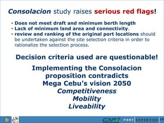 Consolacion study raises serious red flags!
• Does not meet draft and minimum berth length
• Lack of minimum land area and connectivity.
• review and ranking of the original port locations should
be undertaken against the site selection criteria in order to
rationalize the selection process.
Decision criteria used are questionable!
Implementing the Consolacion
proposition contradicts
Mega Cebu’s vision 2050
Competitiveness
Mobility
Liveability
14
 