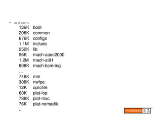 ●   arch/arm:
      136K      boot
      208K      common
      676K      configs
      1.1M      include
      252K      lib
      96K       mach­aaec2000
      1.2M      mach­at91
      808K      mach­bcmring
      …
      748K      mm
      308K      nwfpe
      12K       oprofile
      60K       plat­iop
      788K      plat­mxc
      76K       plat­nomadik
      ...
 