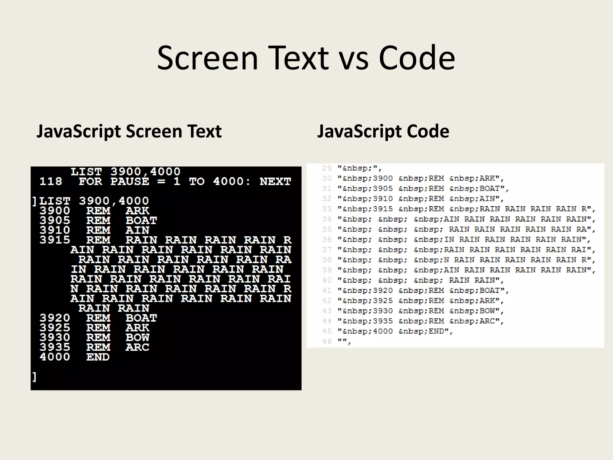 Screen Text vs Code
JavaScript Screen Text   JavaScript Code
 