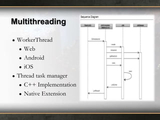 Multithreading
●

●

WorkerThread
● Web
● Android
● iOS
Thread task manager
● C++ Implementation
● Native Extension

 