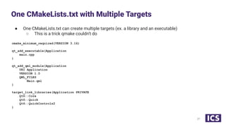 ● One CMakeLists.txt can create multiple targets (ex. a library and an executable)
○ This is a trick qmake couldn’t do
cmake_minimum_required(VERSION 3.16)
qt_add_executable(Application
main.cpp
)
qt_add_qml_module(Application
URI Application
VERSION 1.0
QML_FILES
Main.qml
)
target_link_libraries(Application PRIVATE
Qt6::Core
Qt6::Quick
Qt6::QuickControls2
)
One CMakeLists.txt with Multiple Targets
27
 