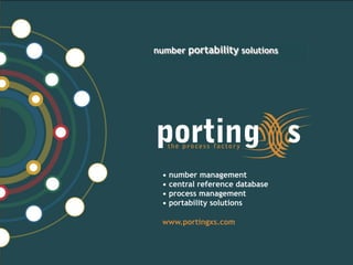 number portability solutions




 •   number management
 •   central reference database
 •   process management
 •   portability solutions

 www.portingxs.com
 