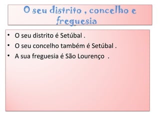 O seu distrito , concelho e
freguesia
• O seu distrito é Setúbal .
• O seu concelho também é Setúbal .
• A sua freguesia é São Lourenço .
 