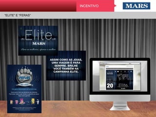 “ELITE” E “FERAS”
INCENTIVO
Com garra e determinação você vai mais longe.
Fera que é fera se alimenta de prêmios.
Participe, bata suas metas e garanta os seus.
Veja como ganhar.
+ + + + =
 