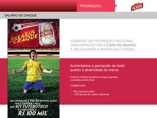 SALÁRIO DE CRAQUE
Pr o mo ç ãoPROMOÇÃO
SALÁRIO DE CRAQUE
CRIAMOS UM PROMOÇÃO NACIONAL
PARA APROVEITAR A COPA DO MUNDO
E RELACIONAR A MARCA AO FUTEBOL.
Aumentamos a percepção do trade
quanto à atratividade da marca.
Criativos brindes temáticos comprou-ganhou
e atraente prêmio final.
COBERTURA
• 300 supermercados
• 1.200 pontos de varejo tradicional
 