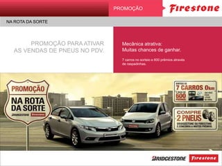 Mecânica atrativa:
Muitas chances de ganhar.
7 carros no sorteio e 600 prêmios através
de raspadinhas.
PROMOÇÃO
NA ROTA DA SORTE
PROMOÇÃO PARA ATIVAR
AS VENDAS DE PNEUS NO PDV.
 