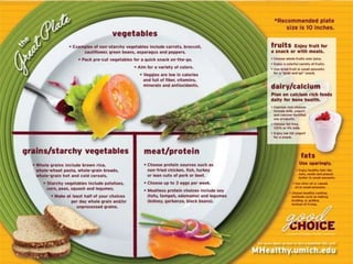 CORRECT PORTION OF FOODS
BASED ON STANDARD
½ of your plate should be fruit
and vegetables
¼ of your plate should be whole
grains
¼ of your plate lean meat
 
