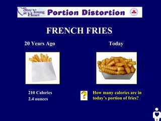 FRENCH FRIES
20 Years Ago Today
210 Calories
2.4 ounces
How many calories are in
today’s portion of fries?
 