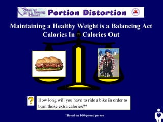 How long will you have to ride a bike in order to
burn those extra calories?*
*Based on 160-pound person
Maintaining a Healthy Weight is a Balancing Act
Calories In = Calories Out
 