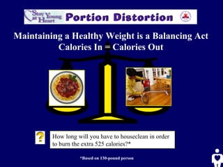 How long will you have to houseclean in order to burn the extra 525 calories?*  *Based on 130-pound person Maintaining a Healthy Weight is a Balancing Act Calories In = Calories Out 