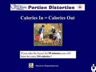 If you rake the leaves for  50 minutes  you will burn the extra  210 calories.* *Based on 130-pound person Calories In = Calories Out 