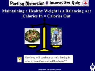 How long will you have to walk the dog in order to burn those extra 400 calories?*     *Based on 160-pound person Maintaining a Healthy Weight is a Balancing Act Calories In = Calories Out 