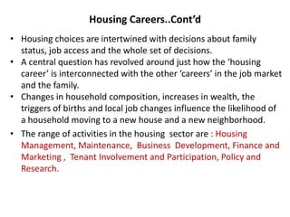 Housing Careers..Cont’d
• Housing choices are intertwined with decisions about family
status, job access and the whole set of decisions.
• A central question has revolved around just how the ‘housing
career’ is interconnected with the other ‘careers’ in the job market
and the family.
• Changes in household composition, increases in wealth, the
triggers of births and local job changes influence the likelihood of
a household moving to a new house and a new neighborhood.
• The range of activities in the housing sector are : Housing
Management, Maintenance, Business Development, Finance and
Marketing , Tenant Involvement and Participation, Policy and
Research.
 