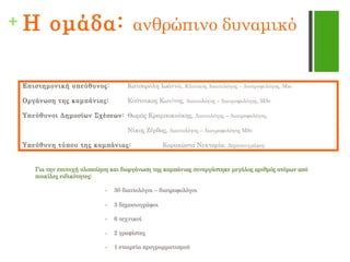 + Η ομάδα: ανθρώπινο δυναμικό
Επιστημονική υπεύθυνος: Κατσαρόλη Ιωάννα, Κλινικός Διαιτολόγος – Διατροφολόγος, Msc
Οργάνωση της καμπάνιας: Κούτσικας Κων/νος, Διαιτολόγος – Διατροφολόγος, MSc
Υπεύθυνοι Δημοσίων Σχέσεων: Θωμάς Κραμποκούκης, Διαιτολόγος – Διατροφολόγος,
Νίκος Ζέρβας, Διαιτολόγος – Διατροφολόγος MSc
Υπεύθυνη τύπου της καμπάνιας: Καρακώστα Νεκταρία, Δημοσιογράφος
 