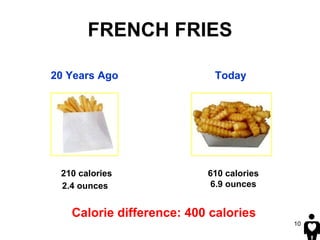 FRENCH FRIES 610 calories 6.9 ounces Calorie difference: 400 calories   20 Years Ago Today 210 calories 2.4 ounces   