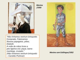 Menino 
/1950 
“Não tínhamos nenhum brinquedo 
Comprado. Fabricamos 
Nossos papagaios, piões, 
Diabolô. 
A noite de mãos livres e 
pés ligeiros era: pique, barra-manteiga, 
cruzado.” 
(Não tínhamos nenhum brinquedo 
– Candido Portinari) 
Menino com Estilingue/1952 
 