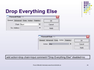 Drop Everything Else 
add action=drop chain=input comment="Drop Everything Else" disabled=no 
Forum Mikrotik Indonesia www.forummikrotik.com 24 
 