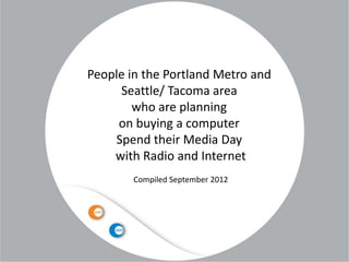 People in the Portland Metro and
     Seattle/ Tacoma area
        who are planning
     on buying a computer
    Spend their Media Day
    with Radio and Internet
        Compiled September 2012
 