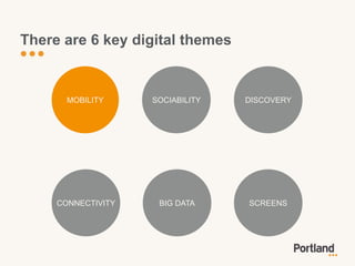 There are 6 key digital themes


       MOBILITY     SOCIABILITY   DISCOVERY




     CONNECTIVITY    BIG DATA     SCREENS
 