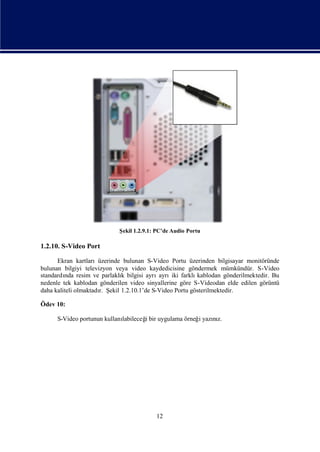 Ş 1.2.9.1: PC’de Audio Portu
                             ekil

1.2.10. S-Video Port

      Ekran kartlarıüzerinde bulunan S-Video Portu üzerinden bilgisayar monitöründe
bulunan bilgiyi televizyon veya video kaydedicisine göndermek mümkündür. S-Video
standardı resim ve parlaklı bilgisi ayrı
         nda                  k           ayrı farklı
                                                iki      kablodan gönderilmektedir. Bu
nedenle tek kablodan gönderilen video sinyallerine göre S-Videodan elde edilen görüntü
daha kaliteli olmaktadı Ş 1.2.10.1’de S-Video Portu gösterilmektedir.
                      r. ekil

Ödev 10:

      S-Video portunun kullanı
                             labileceğbir uygulama örneğ yazız.
                                     i                  i   nı




                                         12
 