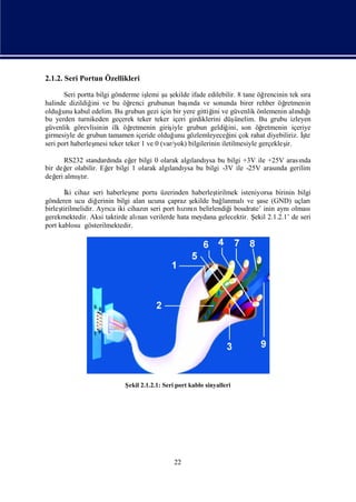 2.1.2. Seri Portun Özellikleri

       Seri portta bilgi gönderme iş ş ş
                                    lemi u ekilde ifade edilebilir. 8 tane öğrencinin tek sı
                                                                                           ra
halinde dizildiğ ve bu öğ
                 ini          renci grubunun baş ı ve sonunda birer rehber öğ
                                                 nda                                retmenin
olduğ kabul edelim. Bu grubun gezi için bir yere gittiğ ve güvenlik önlemenin alı ğ
      unu                                                ini                            ndı ı
bu yerden turnikeden geçerek teker teker içeri girdiklerini düş    ünelim. Bu grubu izleyen
güvenlik görevlisinin ilk öğ   retmenin giriş grubun geldiğ son öğ
                                            iyle                ini,        retmenin içeriye
girmesiyle de grubun tamamen içeride olduğ gözlemleyeceğ çok rahat diyebiliriz. İ
                                             unu                ini                        ş
                                                                                           te
seri port haberleş teker teker 1 ve 0 (var/yok) bilgilerinin iletilmesiyle gerçekleş
                  mesi                                                              ir.

        RS232 standardı eğ bilgi 0 olarak algı ysa bu bilgi +3V ile +25V arası
                      nda er                 landı                           nda
bir değ olabilir. Eğ bilgi 1 olarak algı ysa bu bilgi -3V ile -25V arası gerilim
         er          er                landı                           nda
değ almı r.
    eri     ş
            tı

       İ cihaz seri haberleş portu üzerinden haberleş
        ki                      me                         tirilmek isteniyorsa birinin bilgi
gönderen ucu diğ    erinin bilgi alan ucuna çapraz ş
                                                   ekilde bağ lanmalı ş (GND) uçları
                                                                       ve ase
birleştirilmelidir. Ayrı iki cihazı seri port hını belirlendiğ boudrate’ inin aynı
                        ca           n           zı n            i                    olması
gerekmektedir. Aksi taktirde alı verilerde hata meydana gelecektir. Ş 2.1.2.1’ de seri
                                   nan                                   ekil
port kablosu gösterilmektedir.




                           Ş 2.1.2.1: Seri port kablo sinyalleri
                            ekil




                                            22
 