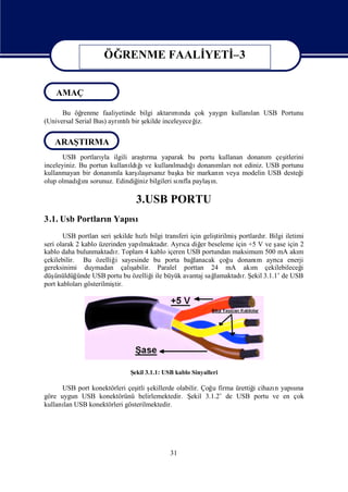 ÖĞRENME FAALİ
                                 YETİ
                                    –3

                     ÖĞRENME FAALİ
                                 YETİ
                                    –3
    AMAÇ

      Bu öğ  renme faaliyetinde bilgi aktarı nda çok yaygı kullanı USB Portunu
                                             mı          n       lan
(Universal Serial Bus) ayrı lı ş
                          ntı bir ekilde inceleyeceğ
                                                   iz.


   ARAŞTIRMA
      USB portları ilgili araşrma yaparak bu portu kullanan donanı çeş
                    yla          tı                                 m    itlerini
inceleyiniz. Bu portun kullanı ğ ve kullanı
                             ldıı         lmadıı
                                               ğ donanı
                                                      mları ediniz. USB portunu
                                                           not
kullanmayan bir donanı karş ı z baş bir markanı veya modelin USB desteğ
                        mla    ı rsanı ka
                                laş                     n                       i
olup olmadıı sorunuz. Edindiğ bilgileri sı fla paylaş
            ğnı                iniz         nı       ı
                                                     n.

                                3.USB PORTU
3.1. Usb Portları Yapı
                n    sı
       USB portları şseri ekilde hı bilgi transferi için geliş
                                  zlı                         tirilmişportlardı Bilgi iletimi
                                                                               r.
seri olarak 2 kablo üzerinden yapılmaktadı Ayrı diğ beseleme için +5 V ve ş için 2
                                          r.     ca     er                        ase
kablo daha bulunmaktadı Toplam 4 kablo içeren USB portundan maksimum 500 mA akı
                          r.                                                               m
çekilebilir. Bu özelliğ sayesinde bu porta bağ
                          i                          lanacak çoğ donanı ayrı enerji
                                                                    u        m    ca
gereksinimi duymadan çalı      şabilir. Paralel porttan 24 mA akı çekilebileceğ
                                                                           m                i
düş ünüldüğ ünde USB portu bu özelliğile büyük avantaj sağ
                                       i                     lamaktadı Ş 3.1.1’ de USB
                                                                       r. ekil
port kabloları gösterilmiştir.




                              Ş 3.1.1: USB kablo Sinyalleri
                               ekil

      USB port konektörleri çeş ş
                              itli ekillerde olabilir. Çoğ firma ürettiğ cihazı yapına
                                                          u            i      n    sı
göre uygun USB konektörünü belirlemektedir. Ş     ekil 3.1.2’ de USB portu ve en çok
kullanı USB konektörleri gösterilmektedir.
      lan




                                            31
 