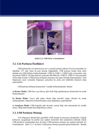 Ş 3.1.2: USB Portu ve konektörleri
                           ekil


3.2. Usb Portları Özellikleri
                n
       USB portları veri aktarı hı seri ve paralel porttan yüksek Firewire portundan ise
                   nda          m zı
düş üktür. 127 adet cihaz bu port üzerine bağlanabilir. USB portuna birden fazla cihaz
takmak için USB Hubları  kullanılmaktadı USB1.0, USB1.1, USB2.0 gibi versiyonları
                                       r.                                           olan
bu portun USB2.0’ da bilgi aktarı saniyede 480 Mbit’dir. USB2.0 USB1.0 versiyonundan
                                mı
20 kat daha hı dı USB portunu kullanan cihazlarıtak çı özelliğbulunmaktadı Yani
              zlı r.                             n      kart      i              r.
                                          ş
                                          ı
bilgisayara zarar vermeden bilgisayar çalırken bu porta çok rahatlı donanı takı
                                                                     kla        m      p
çı labilir.
  kartı

      USB portunu kullanan donanı 3 modda kullanı
                                mlar            lmaktadı Bunlar:
                                                       r.

a) Kesme Modu: USB fare veya klavye gibi fazla bilgi göndermeyen donanı bu modu
                                                                      mlar
kullanmaktadı
            r.

b) Hacim Modu: Yazı     cıgibi paket olarak bilgi transferi yapan cihazlar bu modu
kullanmaktadı Paketlerin transferlerinden sonra doğ
            r.                                    rulama yapı
                                                            lmaktadı
                                                                   r.

c) Asenkron Modu: USB hoparlör gibi devamlı    surette bilgi alan donanı
                                                                       mlar bu modda
   şı
çalır. Bilgi aktarı nda hata doğ
                  mı           rulamasıyoktur.

3.3. USB Portları Montajı
                n
      Yeni bilgisayar donanı
                           mlarıgenellikle USB desteğ ile piyasaya çı
                                                     i               kmaktadı Gitgide
                                                                             r.
kullanı yaygı an bu portlar için anakart üreticileri hem anakartlara tümleş olarak
      mı       nlaş                                                           ik
USB portları tasarlamakta hem de harici USB portunun montajı anakart üzerinde yer
            nı                                                 için
bırakmaktadı Ş 3.3.1’ de harici USB portun montaj aş
            r. ekil                                    amalarıgösterilmektedir. Burada
                                          32
 