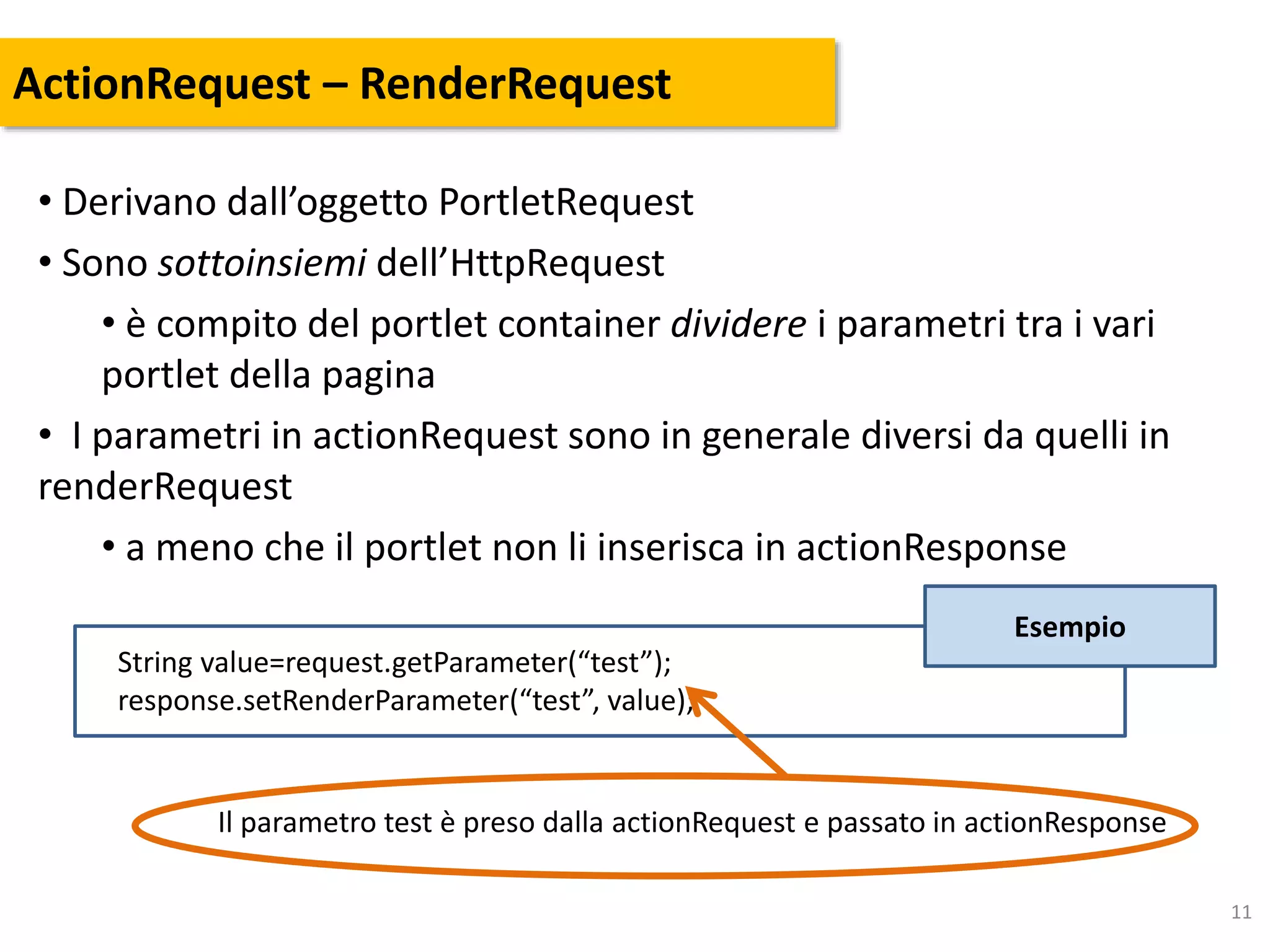 11
ActionRequest – RenderRequest
• Derivano dall’oggetto PortletRequest
• Sono sottoinsiemi dell’HttpRequest
• è compito del portlet container dividere i parametri tra i vari
portlet della pagina
• I parametri in actionRequest sono in generale diversi da quelli in
renderRequest
• a meno che il portlet non li inserisca in actionResponse
Esempio
String value=request.getParameter(“test”);
response.setRenderParameter(“test”, value);
Il parametro test è preso dalla actionRequest e passato in actionResponse
 