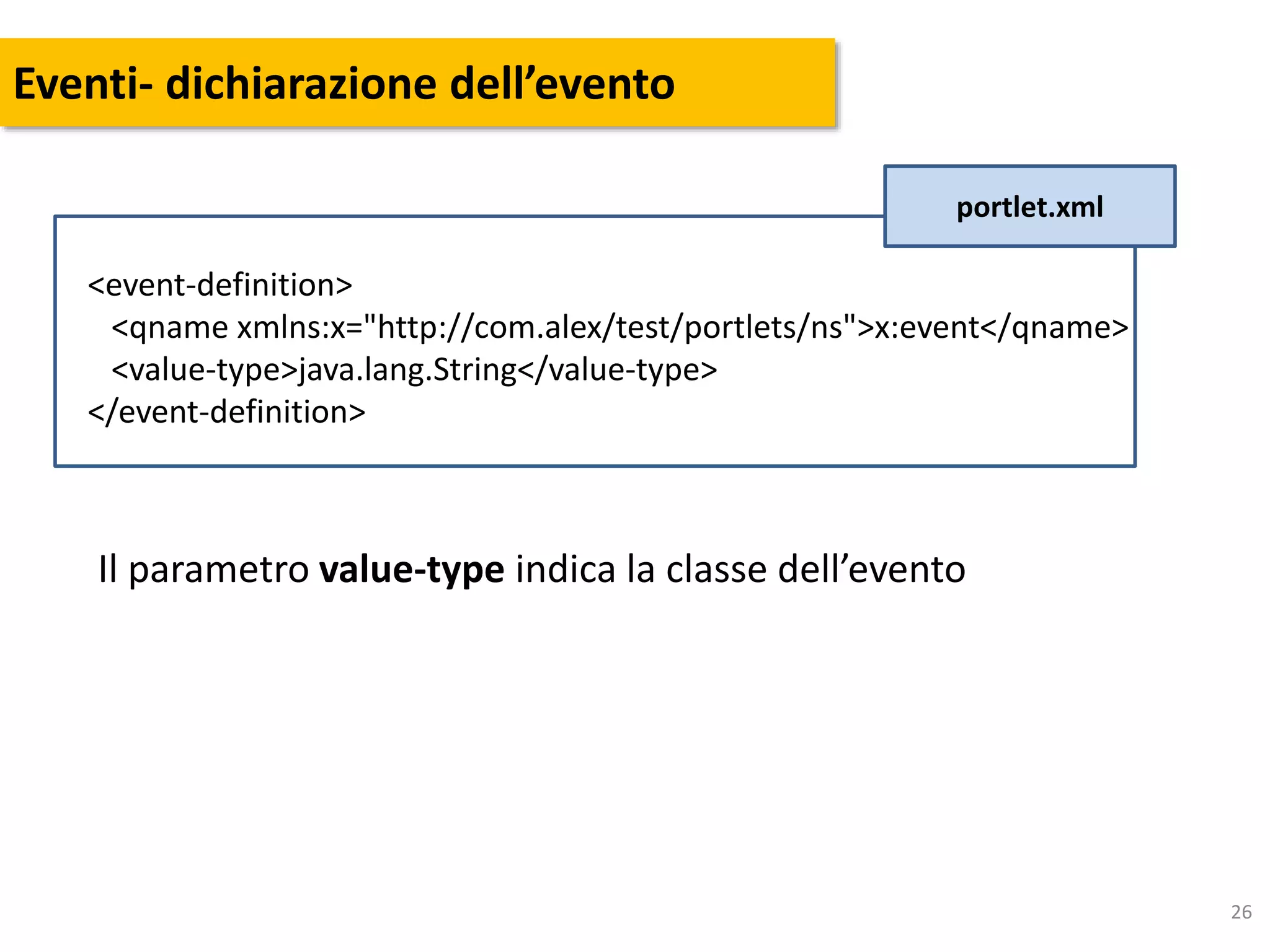 26
Eventi- dichiarazione dell’evento
portlet.xml
<event-definition>
<qname xmlns:x="http://com.alex/test/portlets/ns">x:event</qname>
<value-type>java.lang.String</value-type>
</event-definition>
Il parametro value-type indica la classe dell’evento
 