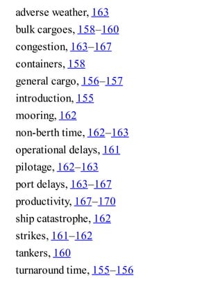 adverse weather, 163
bulk cargoes, 158–160
congestion, 163–167
containers, 158
general cargo, 156–157
introduction, 155
mooring, 162
non-berth time, 162–163
operational delays, 161
pilotage, 162–163
port delays, 163–167
productivity, 167–170
ship catastrophe, 162
strikes, 161–162
tankers, 160
turnaround time, 155–156
 