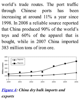 world’s trade routes. The port traffic
through Chinese ports has been
increasing at around 11% a year since
1998. In 2008 a reliable source reported
that China produced 90% of the world’s
toys and 60% of the apparel that is
bought, while in 2007 China imported
383 million tons of iron ore.
Figure 4: China dry bulk imports and
exports
 