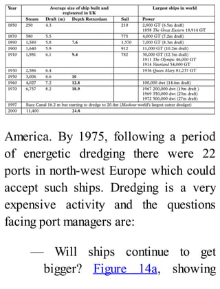 America. By 1975, following a period
of energetic dredging there were 22
ports in north-west Europe which could
accept such ships. Dredging is a very
expensive activity and the questions
facing port managers are:
— Will ships continue to get
bigger? Figure 14a, showing
 