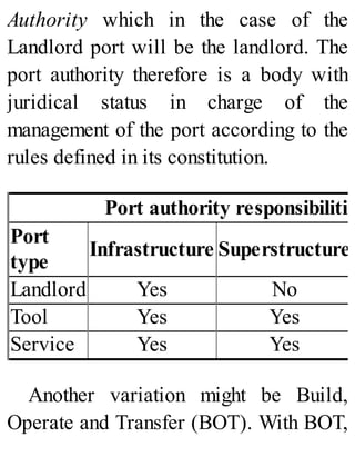 Authority which in the case of the
Landlord port will be the landlord. The
port authority therefore is a body with
juridical status in charge of the
management of the port according to the
rules defined in its constitution.
Port authority responsibilitie
Port
type
Infrastructure Superstructure
Landlord Yes No
Tool Yes Yes
Service Yes Yes
Another variation might be Build,
Operate and Transfer (BOT). With BOT,
 