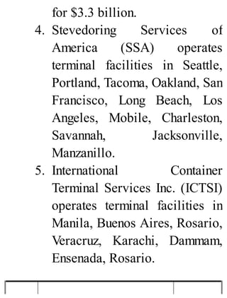 for $3.3 billion.
4. Stevedoring Services of
America (SSA) operates
terminal facilities in Seattle,
Portland, Tacoma, Oakland, San
Francisco, Long Beach, Los
Angeles, Mobile, Charleston,
Savannah, Jacksonville,
Manzanillo.
5. International Container
Terminal Services Inc. (ICTSI)
operates terminal facilities in
Manila, Buenos Aires, Rosario,
Veracruz, Karachi, Dammam,
Ensenada, Rosario.
 